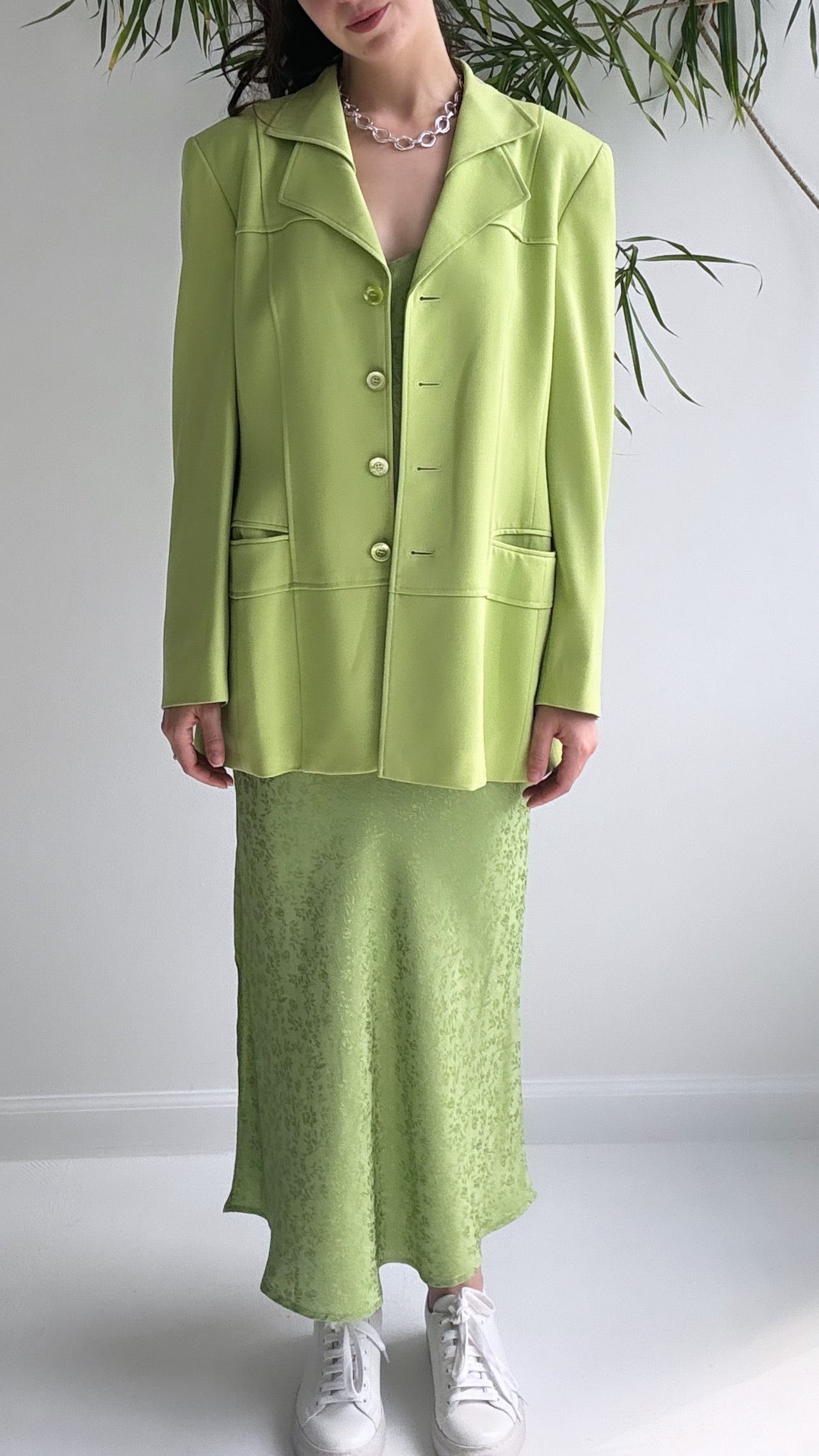 Vintage Escada Pistachio Wool Skirt Suit Set – 1980s Blazer, Top