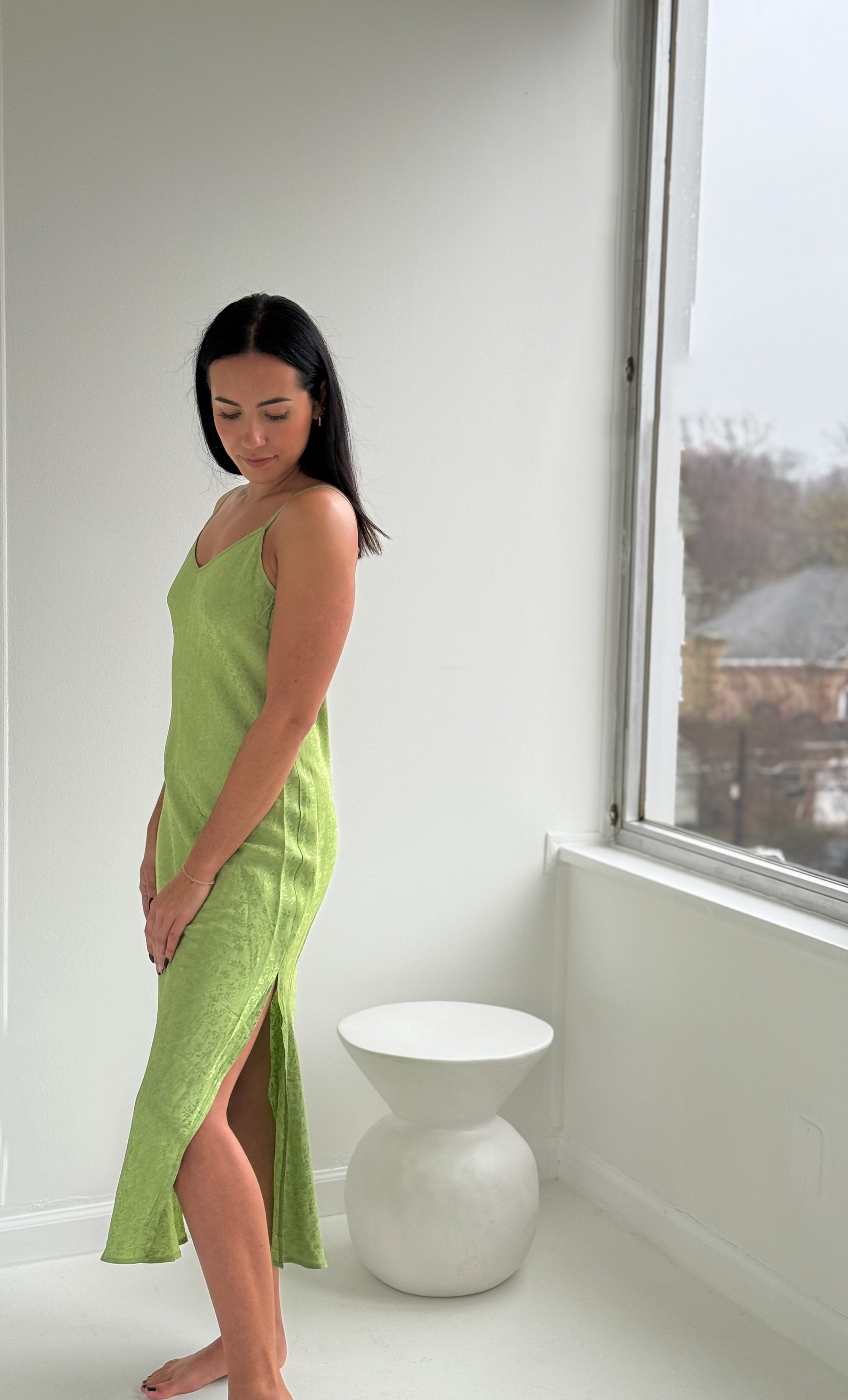 Slip dress, green lime, side slit, size extra small to large. Floral print foil, monochromatic chic.