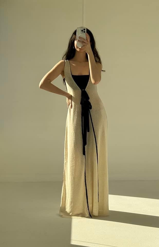 Chanel designer inspired two piece dress. resort piece. wedding looks for Sophia Richie. Cream and Black Trim Floor length dress
