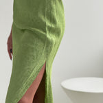 Slip dress, green lime, side slit, size extra small to large. Floral print foil, monochromatic chic.
