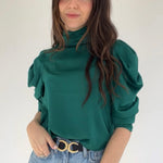 Emerald green blouse with puff sleeve shoulders, satin 