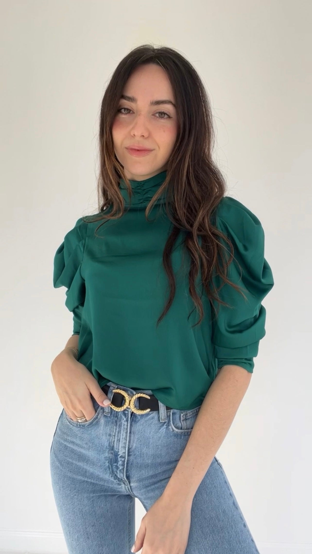 Emerald green blouse with puff sleeve shoulders, satin 