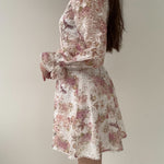 Mini Dress.V-neck.Floral Print.Off White + Pink Removable Belt.Crochet.