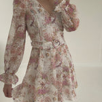 Mini Dress.V-neck.Floral Print.Off White + Pink Removable Belt.Crochet.